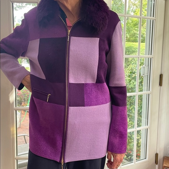 Escada Deep Purple Knit Zip Up Jacket Vintage Size 42 Detachable Neck Fur